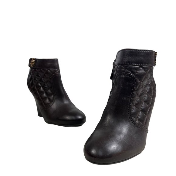 Tory Burch Leila Brown Quilted Leather Stacked Wedge Heel Bootie Sz 6.5M - Picture 1 of 10